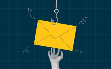 halftone collage, scam envelope email with hook, and hand gestures wanting to grab it. phishing hacking email