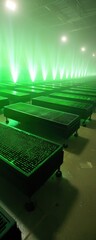 Fototapeta premium Green Light Effects on Rows of Empty Bed Frames in Warehouse Space