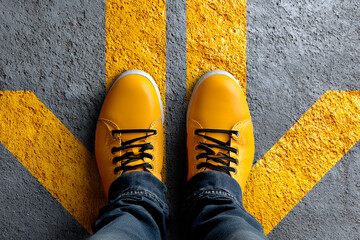Yellow shoes standing on textured pavement with bright yellow bidirectional arrow symbolizing decision-making, choice and direction in life or journey