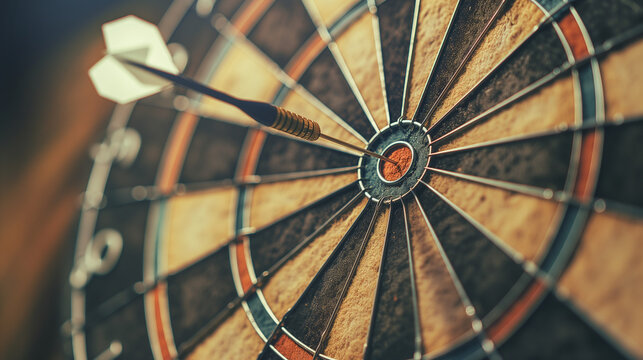 Bullseye Focus: The sharp contrast between the dart and the bullseye, with a shallow depth of field, conveys the concept of achieving goals