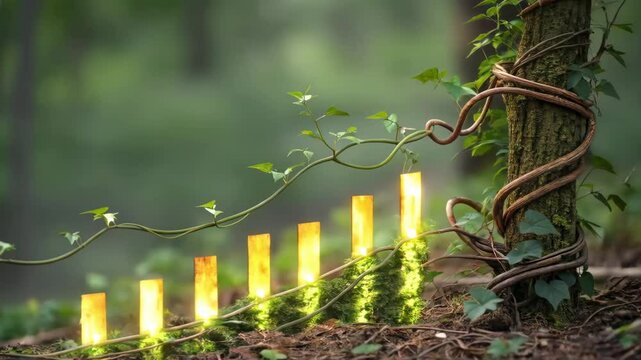 Lush Forest Scene with Twisting Vines and Soft Ambient Light at Sunset