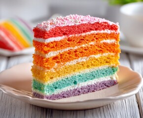 Delicious rainbow cake on light wooden background