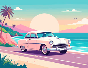 Pink Classic Car Driving on Coastal Road at Sunset with Palm Trees and Ocean View in Pixel Art Style