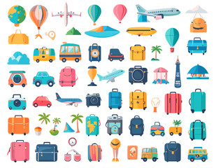 Pixel Art Collection of Travel Items including Airplanes Vehicles and Suitcases in Bright Color Palette on White Background