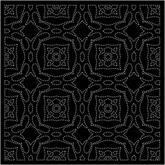 Black background with figures from dots . Black and white pattern for web page, textures, card, poster, fabric, textile. Repeating design.