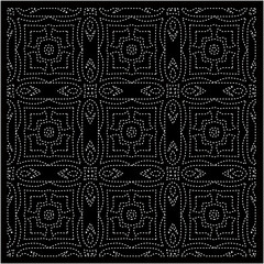 Black background with figures from dots . Black and white pattern for web page, textures, card, poster, fabric, textile. Repeating design.