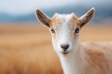 Obraz premium goat looking directly at camera with open field behind