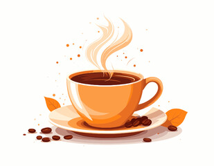 Obraz premium Pixel Art Illustration of an Orange Coffee Cup with Steam and Beans on a Saucer Isolated Against White Background