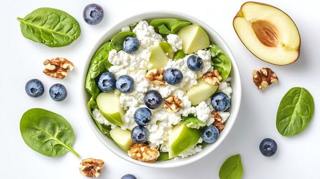 Apple spinach blueberry fruit salad with cottage cheese and walnuts top view isolated on plain white background