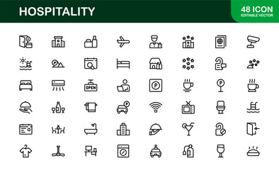 Professional Hospitality Icon Collection with Line Art Symbols for Hotels, Travel, Food Service, Customer Experience, and Tourism