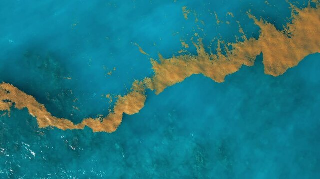 Sargassum seaweed in the turquoise Atlantic Ocean. Top view