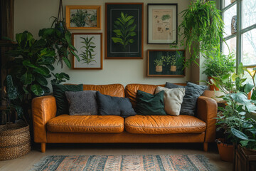 Leather couch, plants, and a rug in a cozy living room.