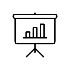 Black Presentation Screen Icon with Line Graph on White Background, Minimalist Business Analytics Symbol for Reports, Marketing, and Data Dashboard Interfaces