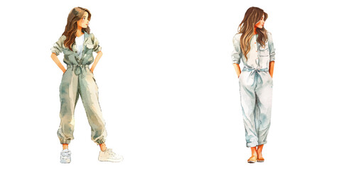 cute woman wearing jumpsuit watercolor vector illustration