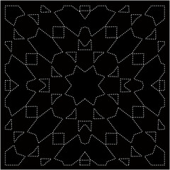 Naklejka premium Black background with figures from dots . Black and white pattern for web page, textures, card, poster, fabric, textile. Repeating design.