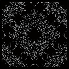 Black background with figures from dots . Black and white pattern for web page, textures, card, poster, fabric, textile. Repeating design.