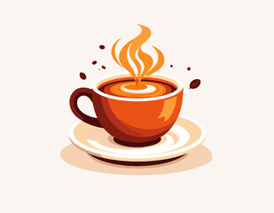 Obraz premium Pixel Art Style Orange Coffee Cup with Rising Steam on White Background with Brown Plate and Decorative Elements