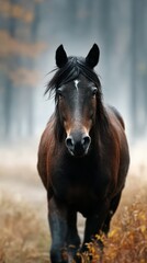Fototapeta premium Stunning dark horse strolls through foggy forest during early morning hours in autumn