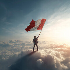 Peruvian Pride Above the Clouds: A lone figure waves the national flag of the republic of Peru atop a sea of clouds, bathed in the ethereal glow of a new dawn.
