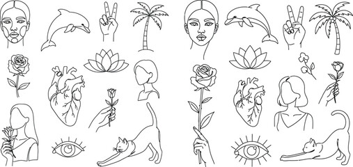 Obraz premium Line Art Collection Woman's Face, Dolphin, Heart, Palm Tree, Rose, Cat, and Eye
