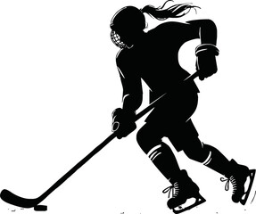 Ice hockey player vector silhouette. Hockey player shoots the puck on goal, isolated silhouette. Shooting hockey player