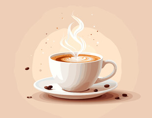 Obraz premium Pixel Art White Coffee Cup with Steam and Coffee Beans on Saucer in Soft Brown Background