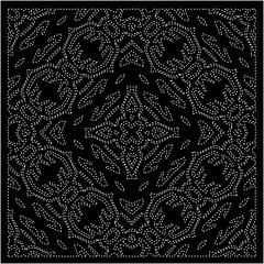 Black background with figures from dots . Black and white pattern for web page, textures, card, poster, fabric, textile. Repeating design.