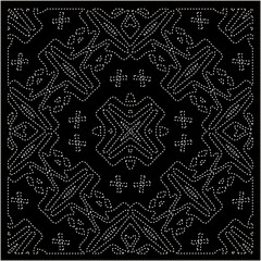 Black background with figures from dots . Black and white pattern for web page, textures, card, poster, fabric, textile. Repeating design.