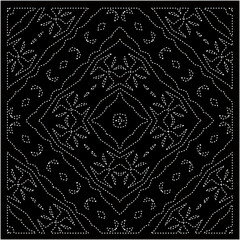 Black background with figures from dots . Black and white pattern for web page, textures, card, poster, fabric, textile. Repeating design.