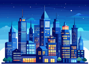 Fototapeta premium Pixelated Cityscape at Night with Glowing Windows Against Dark Blue Sky
