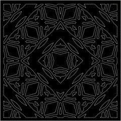 Black background with figures from dots . Black and white pattern for web page, textures, card, poster, fabric, textile. Repeating design.