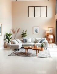 Obraz premium Modern Minimalist Living Room Design with Neutral Tones and Natural Elements