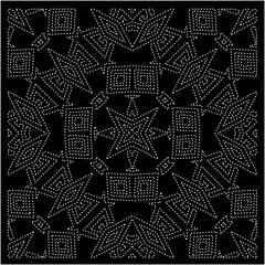 Black background with figures from dots . Black and white pattern for web page, textures, card, poster, fabric, textile. Repeating design.