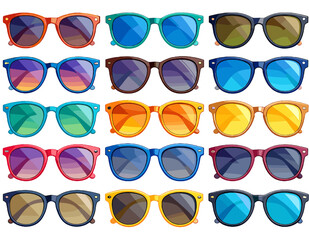 Pixelated Sunglasses Array in Varied Colors Retro Style Fashion Accessory Eyewear Collection on White Background
