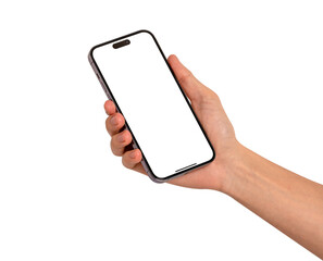 Hand showing smartphone with blank screen isolated.	