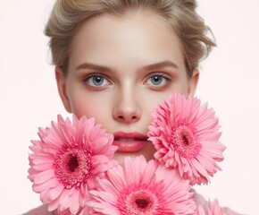 Fototapeta premium Portrait of a young woman with pink gerberas on a white background
