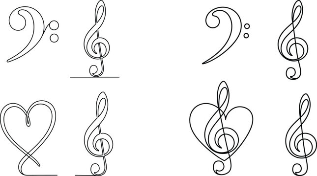 Line Art Music Notes and Symbols Bass Clef, Treble Clef, Heart Motifs