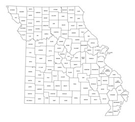 State of Missouri, subdivided into 114 counties and independent city of St. Louis, political map. State in the Midwestern region of the United States, nicknamed Show Me State, and Mother of the West.