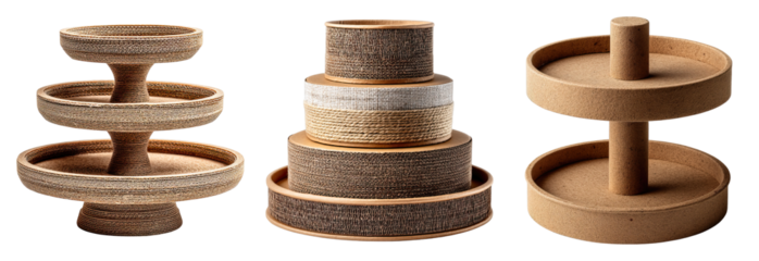 Three different natural brown wooden and woven tiered trays with rustic texture and earthy tones for home decor
