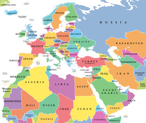 Europe, Middle East, and North Africa, multi colored political map. Overview of the continent Europe, the geopolitical region Middle East, and the northern portion of the African continent. Vector © Peter Hermes Furian