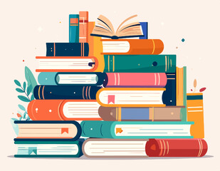 Fototapeta premium Stack of Colorful Books with Teal Orange Pink and Red Tones in an Educational Still Life Illustration with Neutral Background and Some Plants