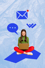 Composite image montage trend artwork 3D collage of young lady sit down type message laptop comment...