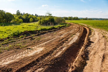 The tractor-leveled dirt road traverses the field