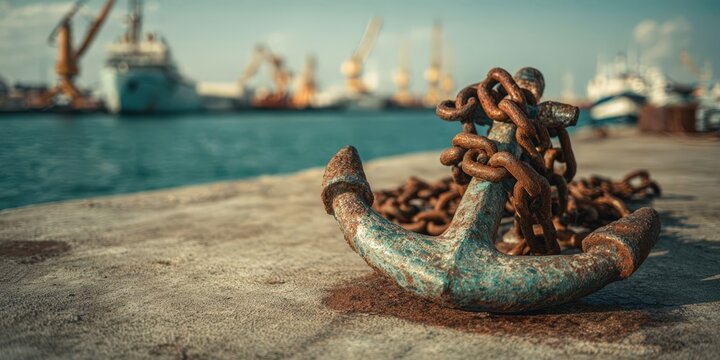 Close-up of Rusty Anchor Chain and Vessel Anchor in Maritime Dock Scene