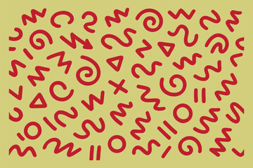 Memphis geometric seamless pattern. Pink pastel abstract background in retro 80s, 90s style with various shapes: circles, semicircles, dots, zigzags, spirals, wavy lines. Cute kid doodle design.