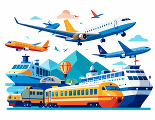 Various Forms Of Transportation Including Airplanes Trains And Ships in a Pixel Art Style Depicting Mountains and Cloud