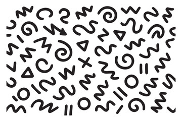 Memphis geometric seamless pattern. Pink pastel abstract background in retro 80s, 90s style with various shapes: circles, semicircles, dots, zigzags, spirals, wavy lines. Cute kid doodle design.