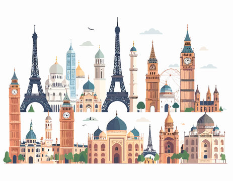 Various Global Landmarks and Historical Monuments on White Background Featuring Iconic Architectural Designs with Diverse Cultural Styles and Structures - Powered by Adobe