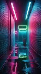 Neon Lit Rainslicked Cyberpunk Alleyway Night Scene 1