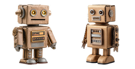 Fototapeta premium Two vintage cardboard robots with metal details stand side by side, evoking nostalgic and playful emotions